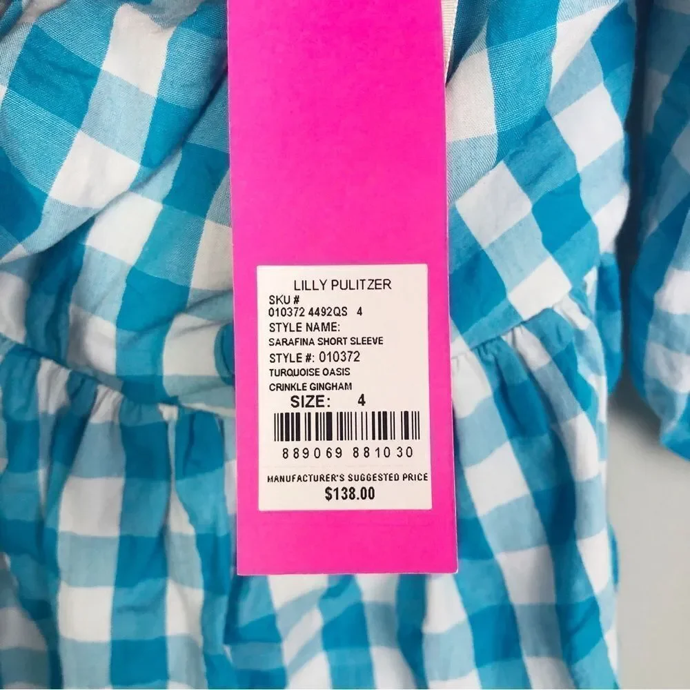 LILLY PULITZER | NEW Sarafina Turquoise Oasis Crinkle Gingham Top Women’s Size 4